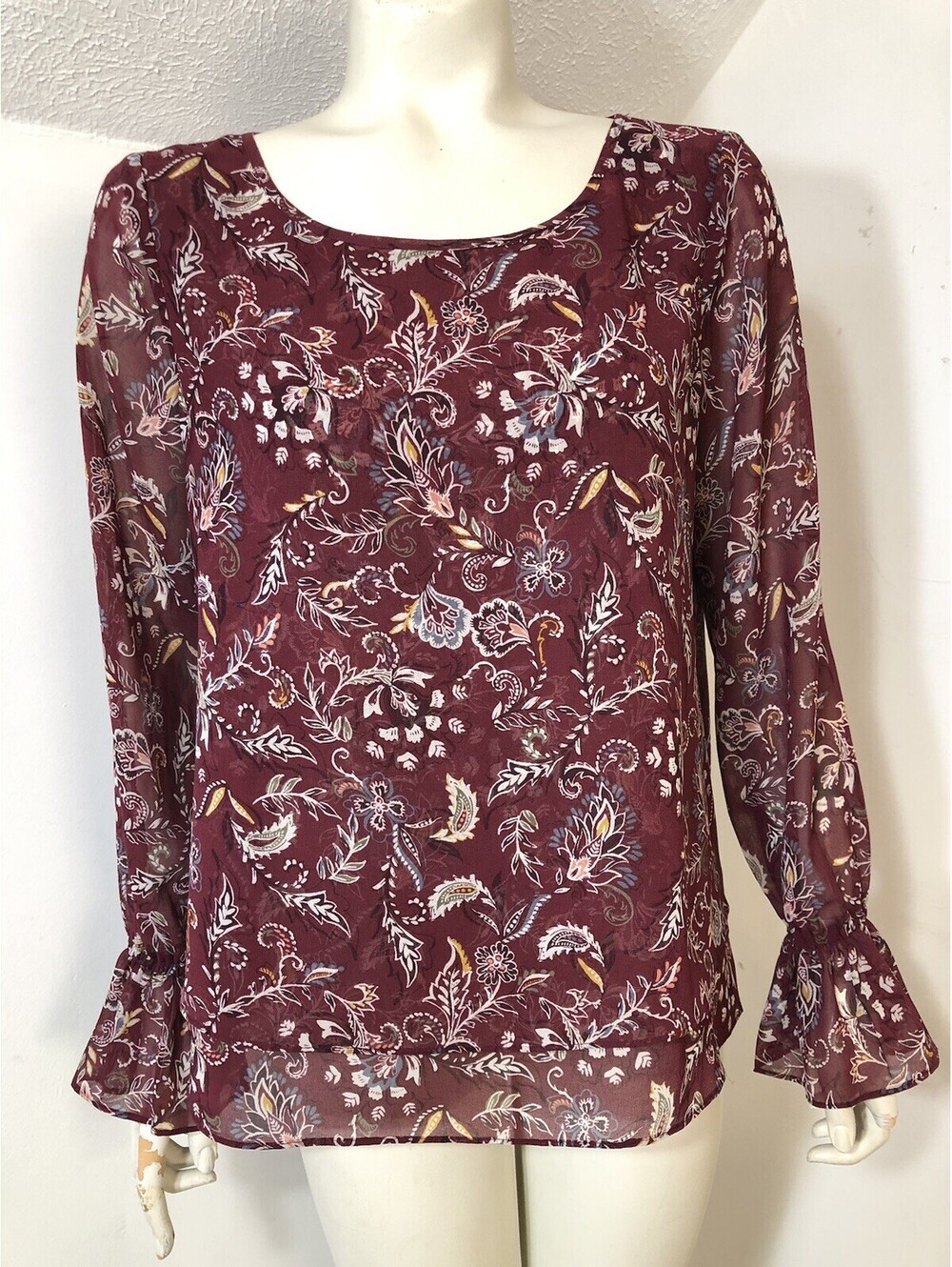 White House Black Market Womens 6 Pullover Blouse Burgundy Floral Sheer Sleeves